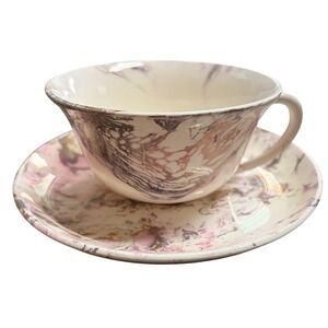 Sascha Brastoff California Pottery Teacup Saucer Set Purple Gold Marbleized MCM